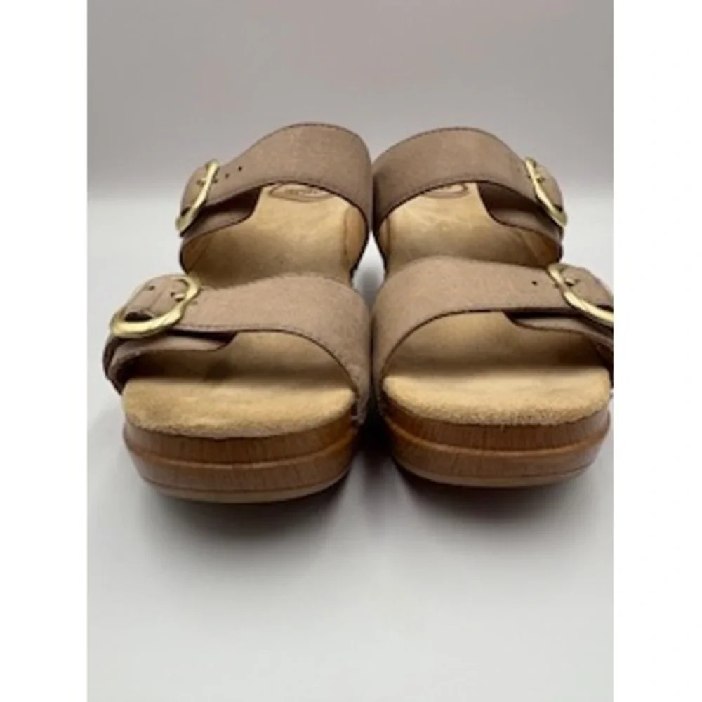 Dansko Slide Sandals Taupe Leather Double Buckle Platform Wedge Casual Size 37